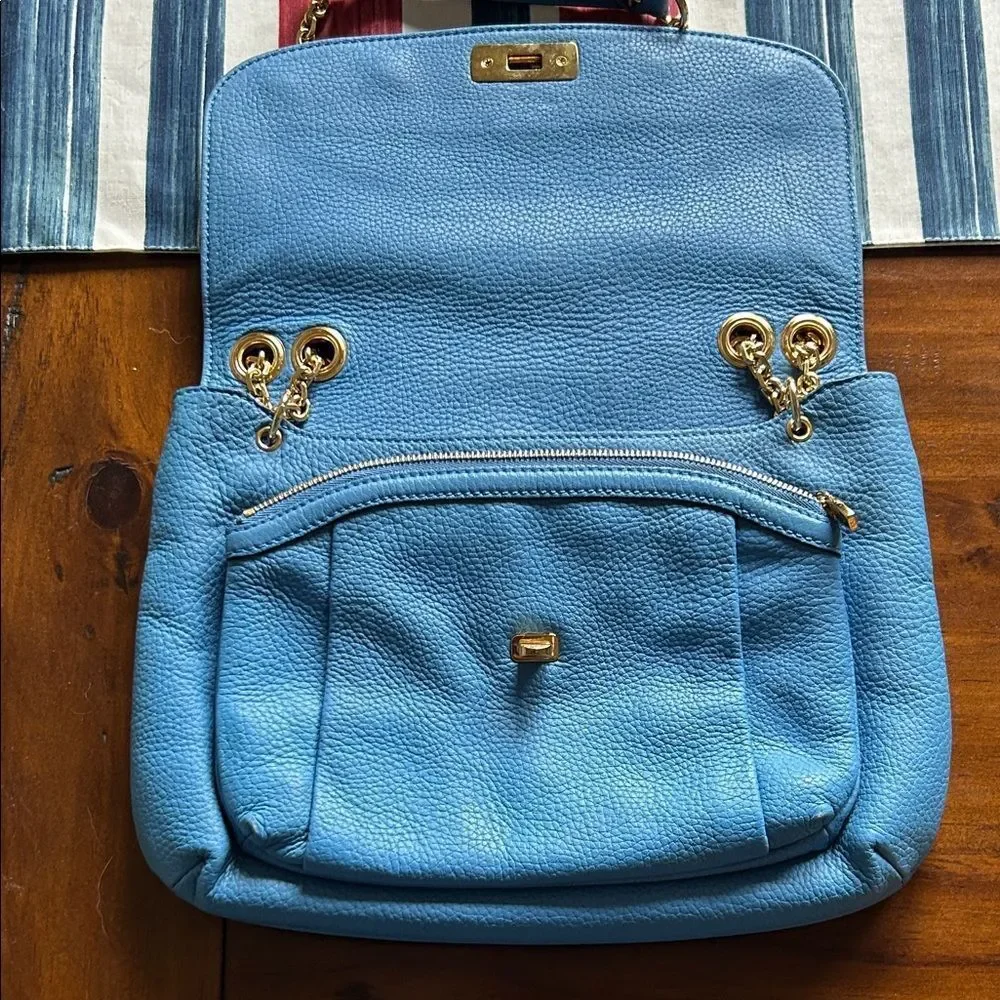 MCM Sky Blue Leather Shoulder Bag with Gold Chain impeccable